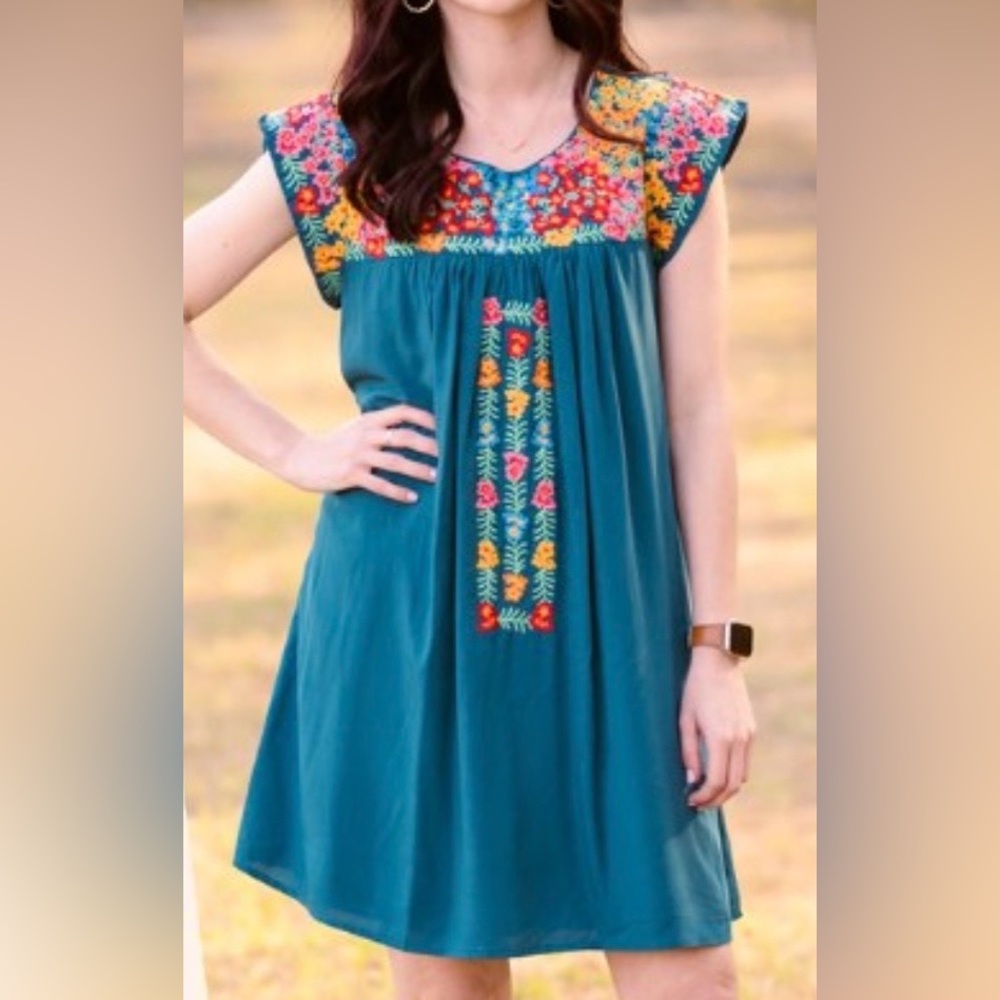 Savanna Jane Teal Embroidered Cap-Sleeve Dress